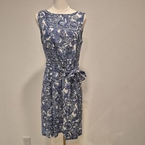 Anne Klein Paisley Linen Blend Blue and White Midi Dress
